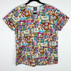 Cherokee Studio Floral Plant Patterned Scrub Top Shirt Size XS